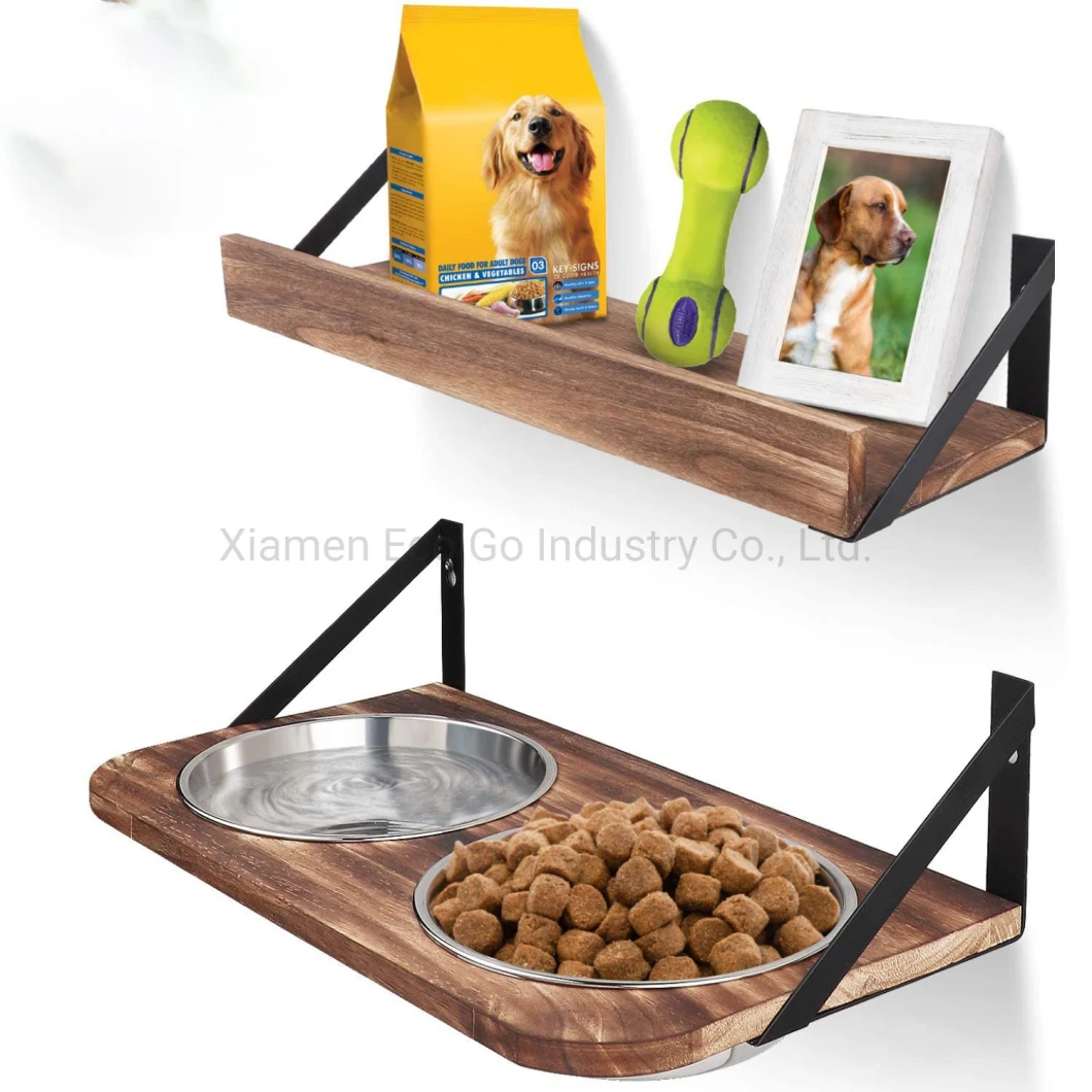 Dog Bowls Wall Mounted Elevated Pet Feeder with 2 Stainless Steel Dog or Cat Dishes Rustic Wood Raised Pet Bowls
